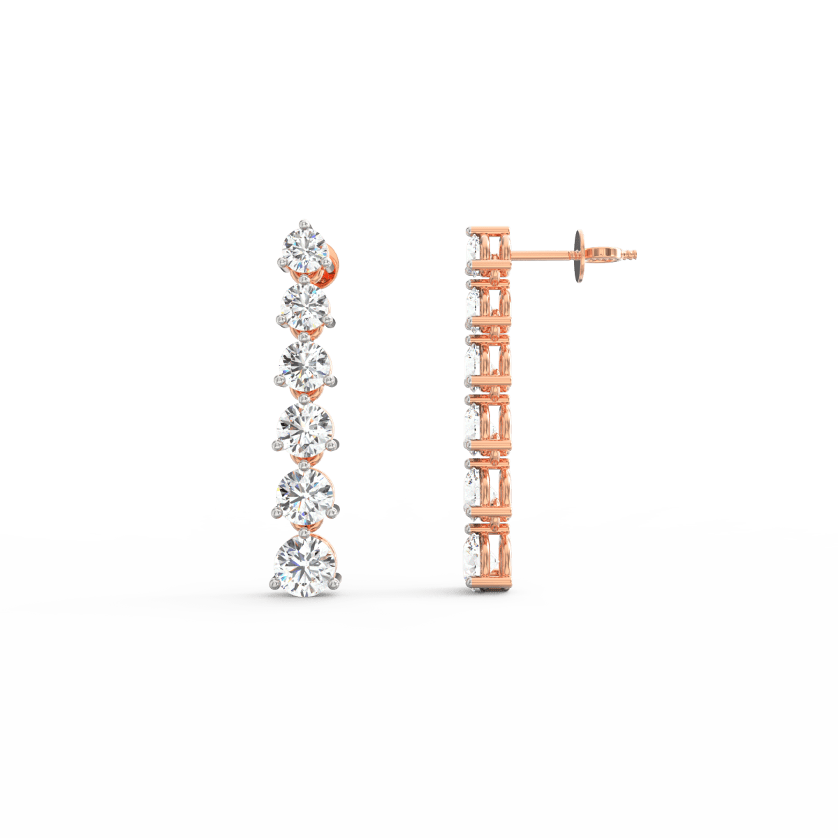 Side profile of rose gold cascading drop earrings with hook clasp and elegant movement.
