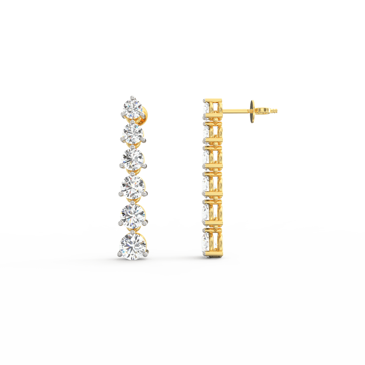 Side profile of yellow gold diamond drop earrings with secure hook clasp and graceful cascading silhouette.
