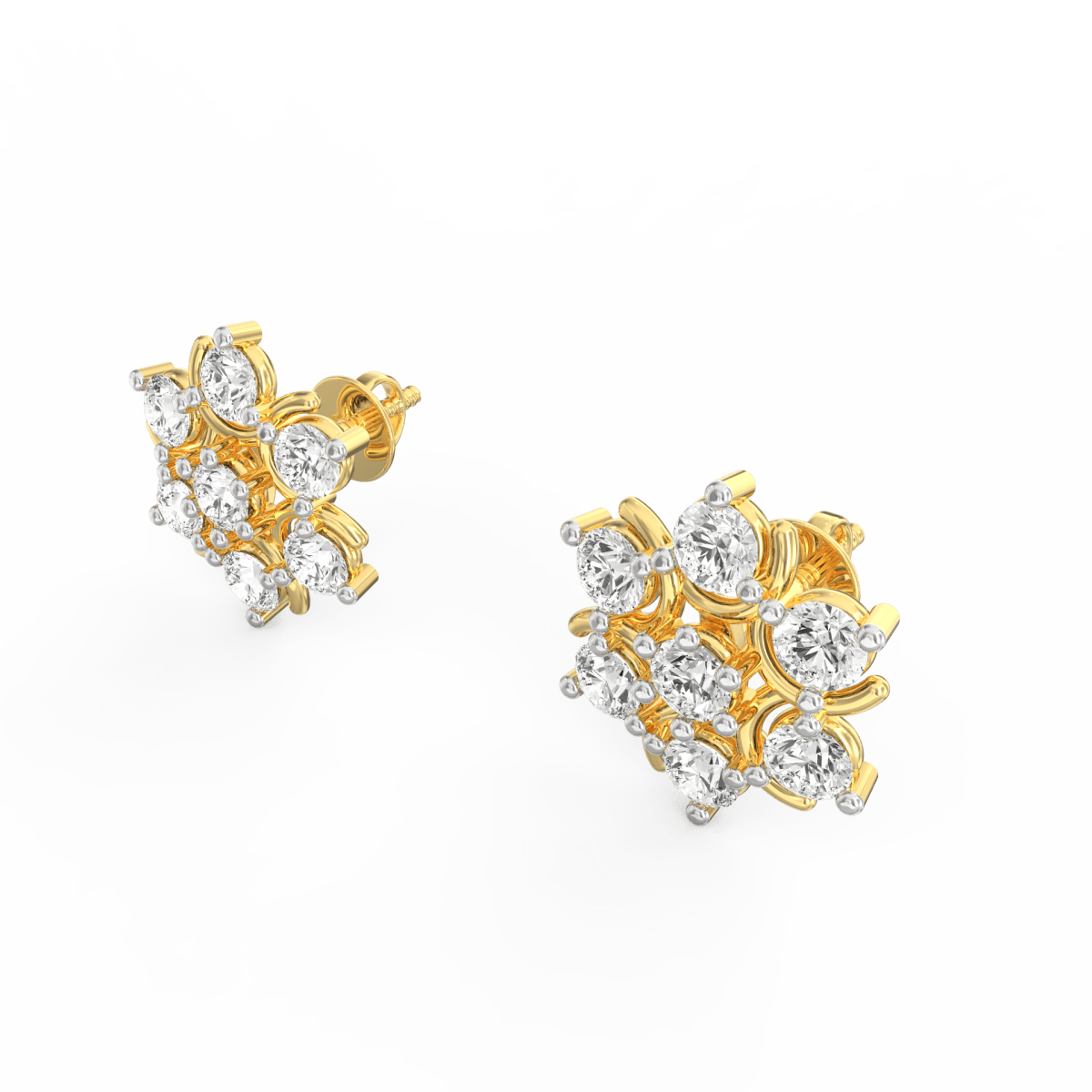Angled shot of yellow gold stud earrings with symmetrical shape and SGL certified lab grown diamonds.
