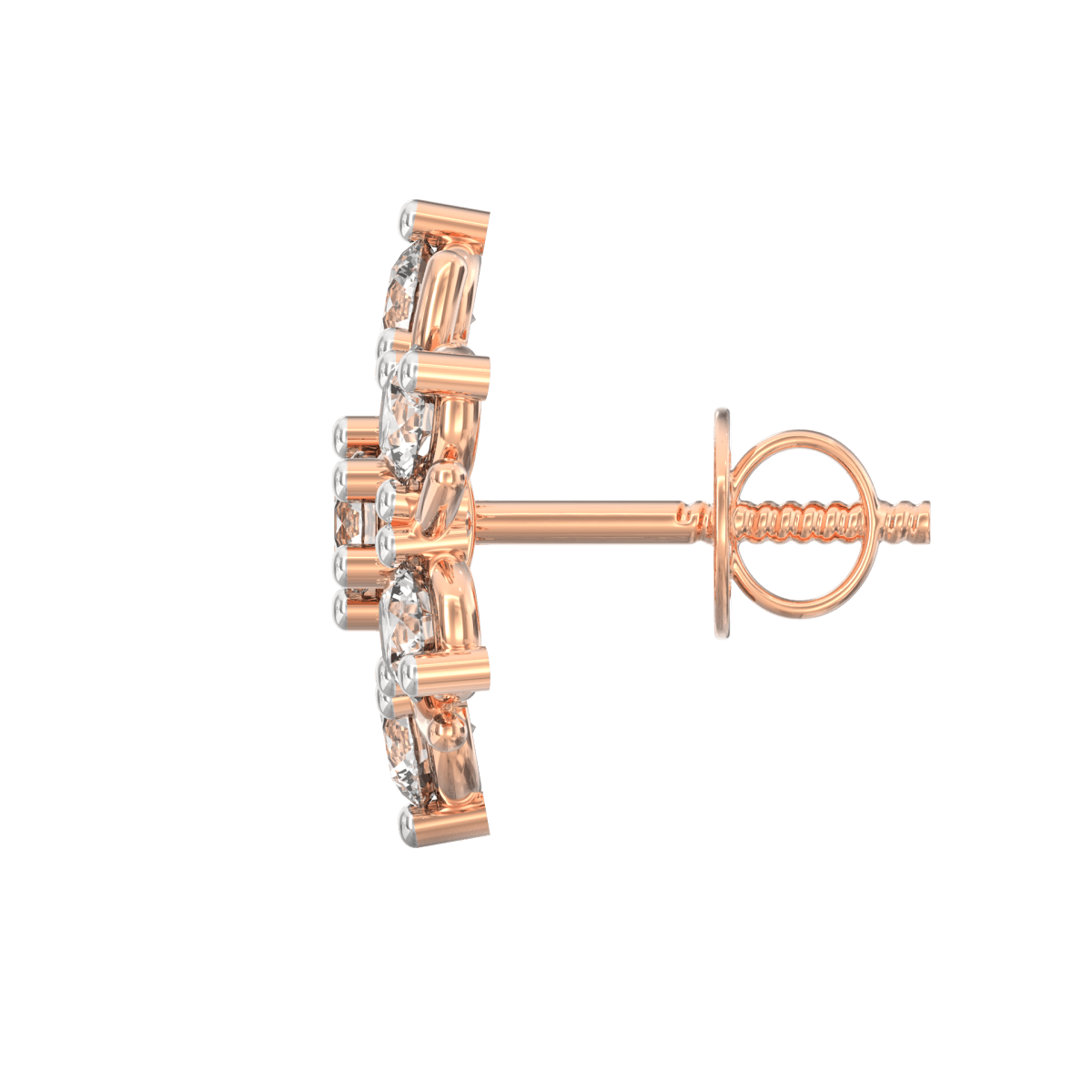 Side view of rose gold round earrings with clean lines and secure closure.
