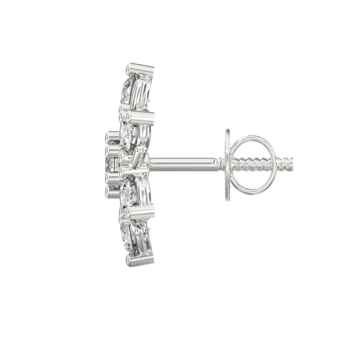 Side profile highlighting white gold bezel setting and push-back lock of elegant round studs.
