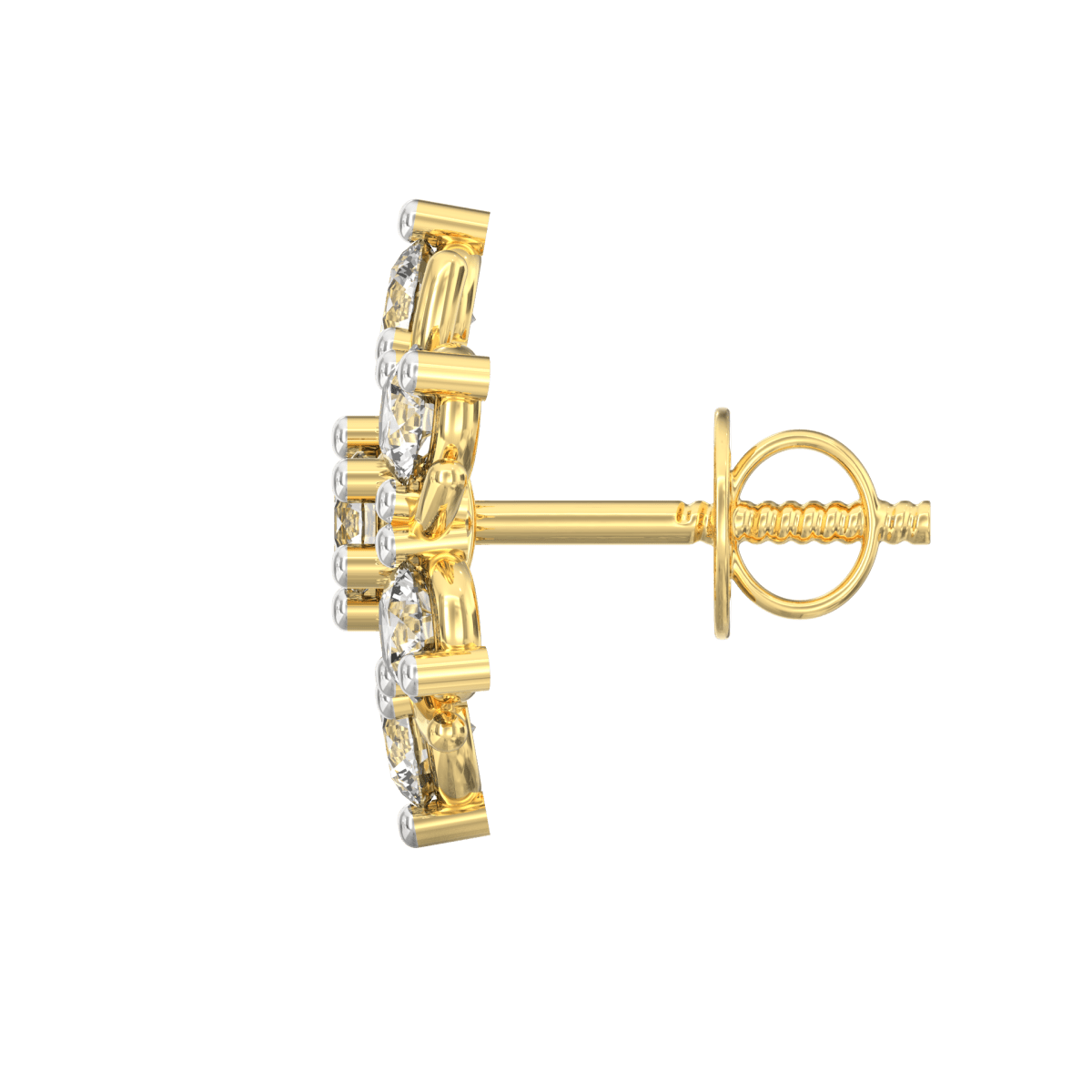 Side profile of yellow gold earrings featuring a round bezel setting and secure push-back clasp.
