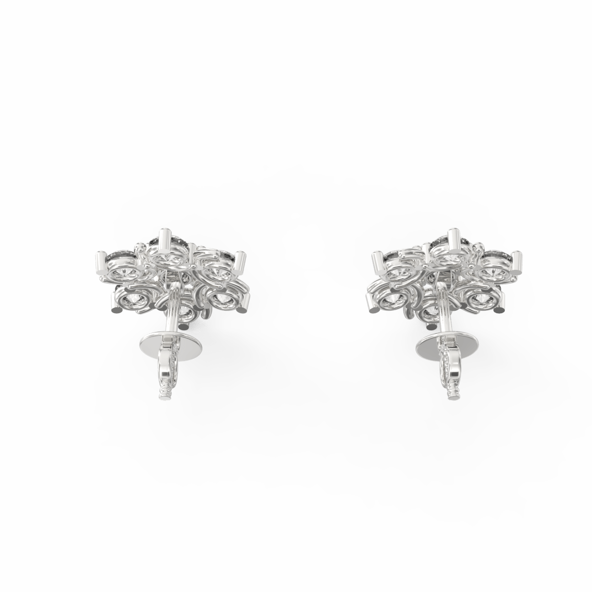 Top-down view of minimalist white gold earrings set with a central sparkling diamond.
