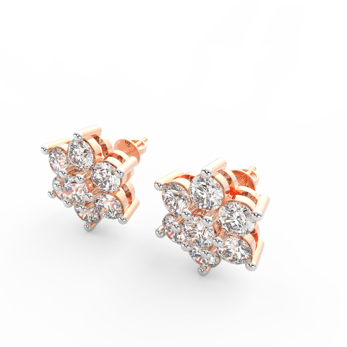 Angled view of rose gold floral diamond studs featuring round lab grown diamonds arranged like flower petals.
