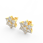 Angled view of yellow gold floral diamond studs featuring brilliant lab grown diamonds and polished floral shape.
