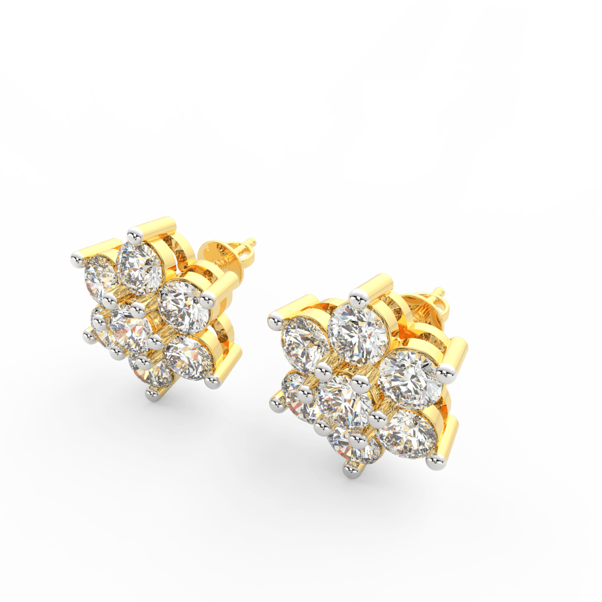 Angled view of yellow gold floral diamond studs featuring brilliant lab grown diamonds and polished floral shape.
