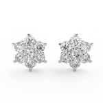 Front view of Saanvi white gold diamond bloom earrings with round lab grown diamonds set in floral design.
