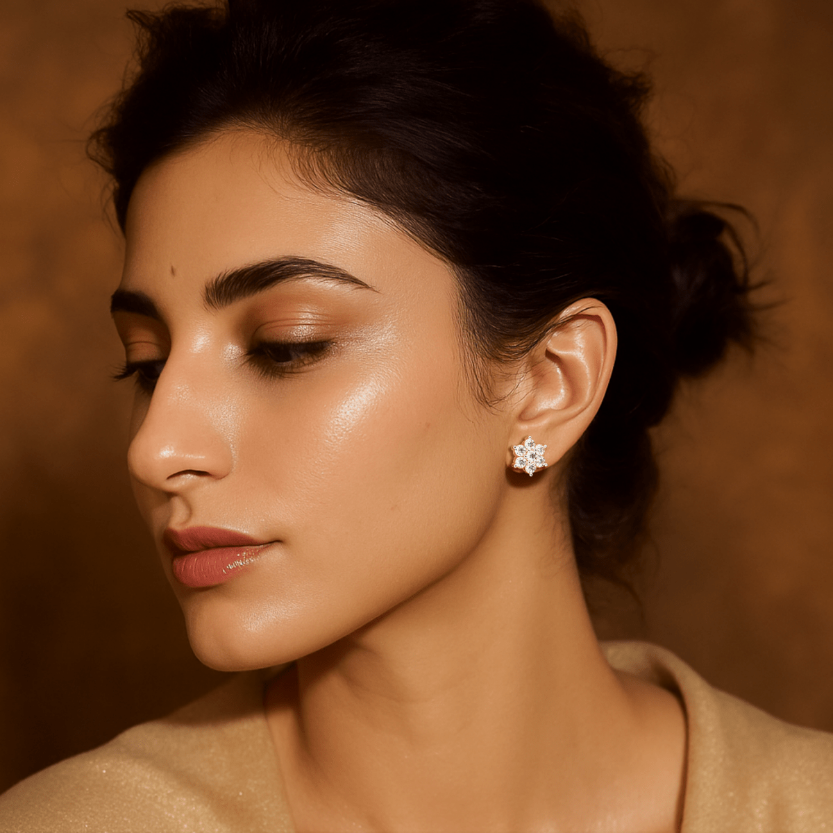 Model wearing Saanvi yellow gold bloom diamond studs styled for refined elegance with lab grown diamonds.

