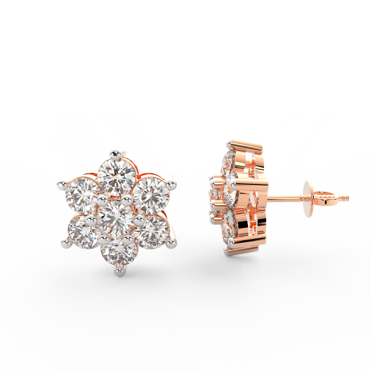 Side profile of rose gold floral earrings with secure push-back clasp and radiant lab grown diamond bloom.
