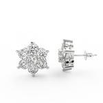 Side profile of white gold bloom earrings with push-back clasp and balanced round lab grown diamonds.
