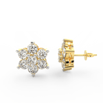 Side profile of yellow gold bloom earrings with push-back clasp and symmetrical lab grown diamond arrangement.
