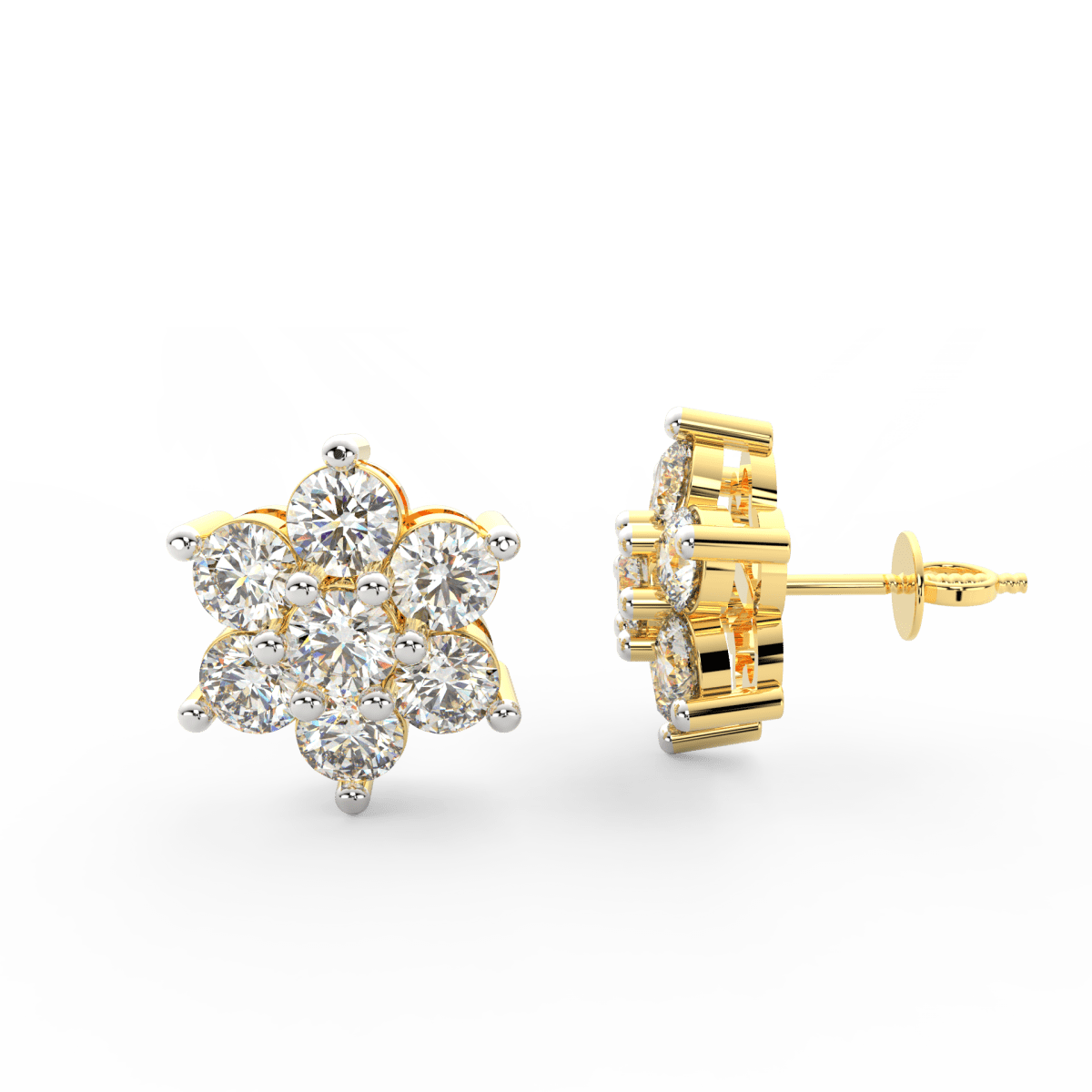 Side profile of yellow gold bloom earrings with push-back clasp and symmetrical lab grown diamond arrangement.
