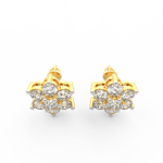 Top view of yellow gold round floral earrings showcasing lab grown diamonds with polished gold petals.
