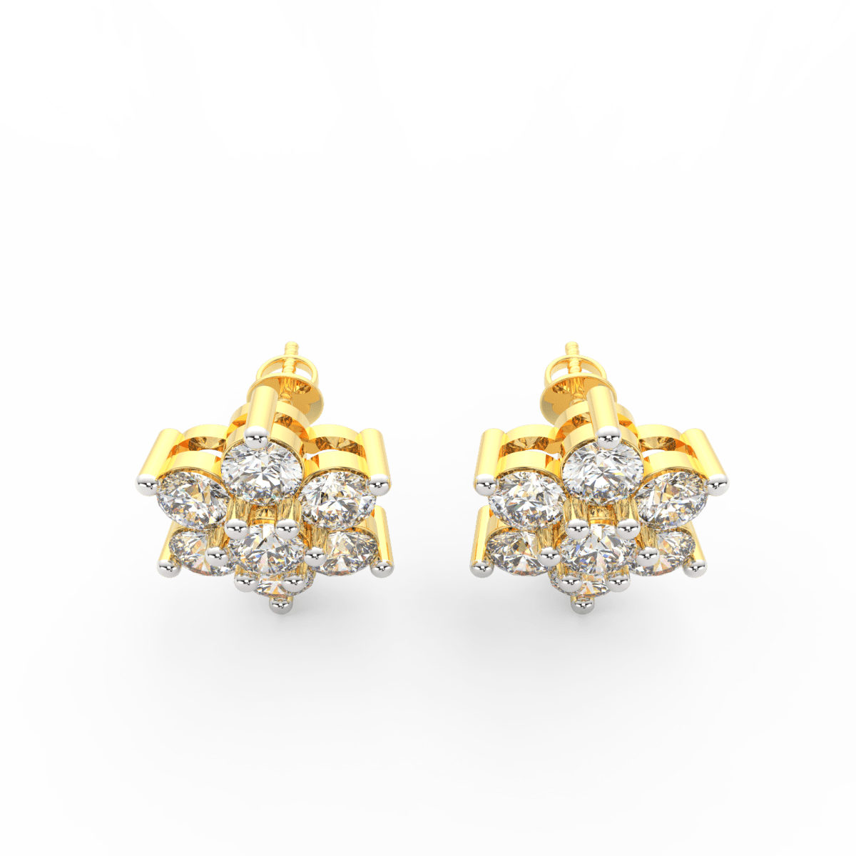 Top view of yellow gold round floral earrings showcasing lab grown diamonds with polished gold petals.
