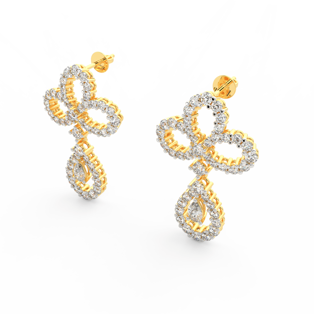 Angled view of yellow gold Seraphina drop earrings featuring pear-shaped lab grown diamonds with graceful shine.
