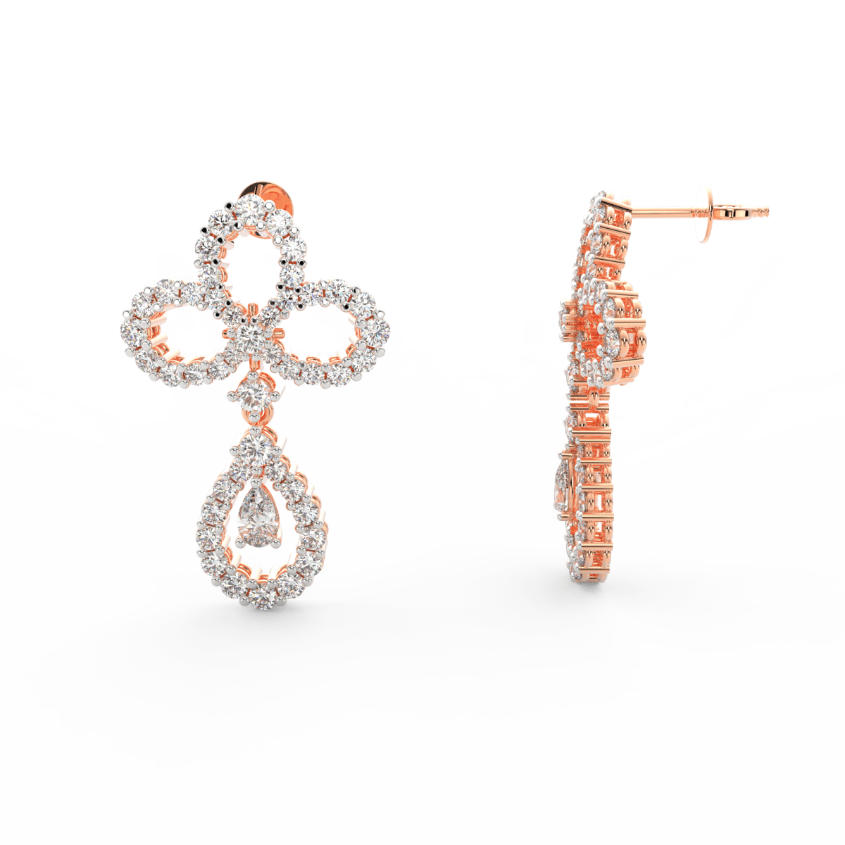 Side profile of rose gold drop earrings featuring secure hook clasp and elegant pear-shaped diamond drop.
