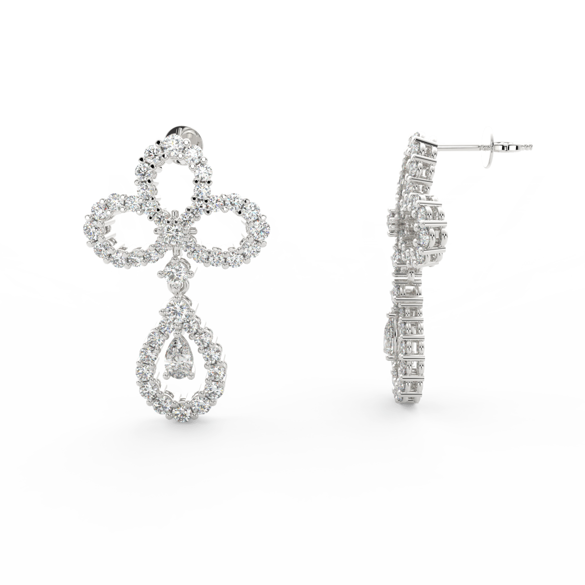 Side profile of white gold drop earrings with secure hook clasp and softly curved pear diamond drop.
