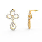 Side profile of yellow gold drop earrings with pear solitaires, smooth curves, and secure hook clasp.
