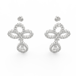 Top view of white gold earrings highlighting pear solitaire diamonds and polished drop design.
