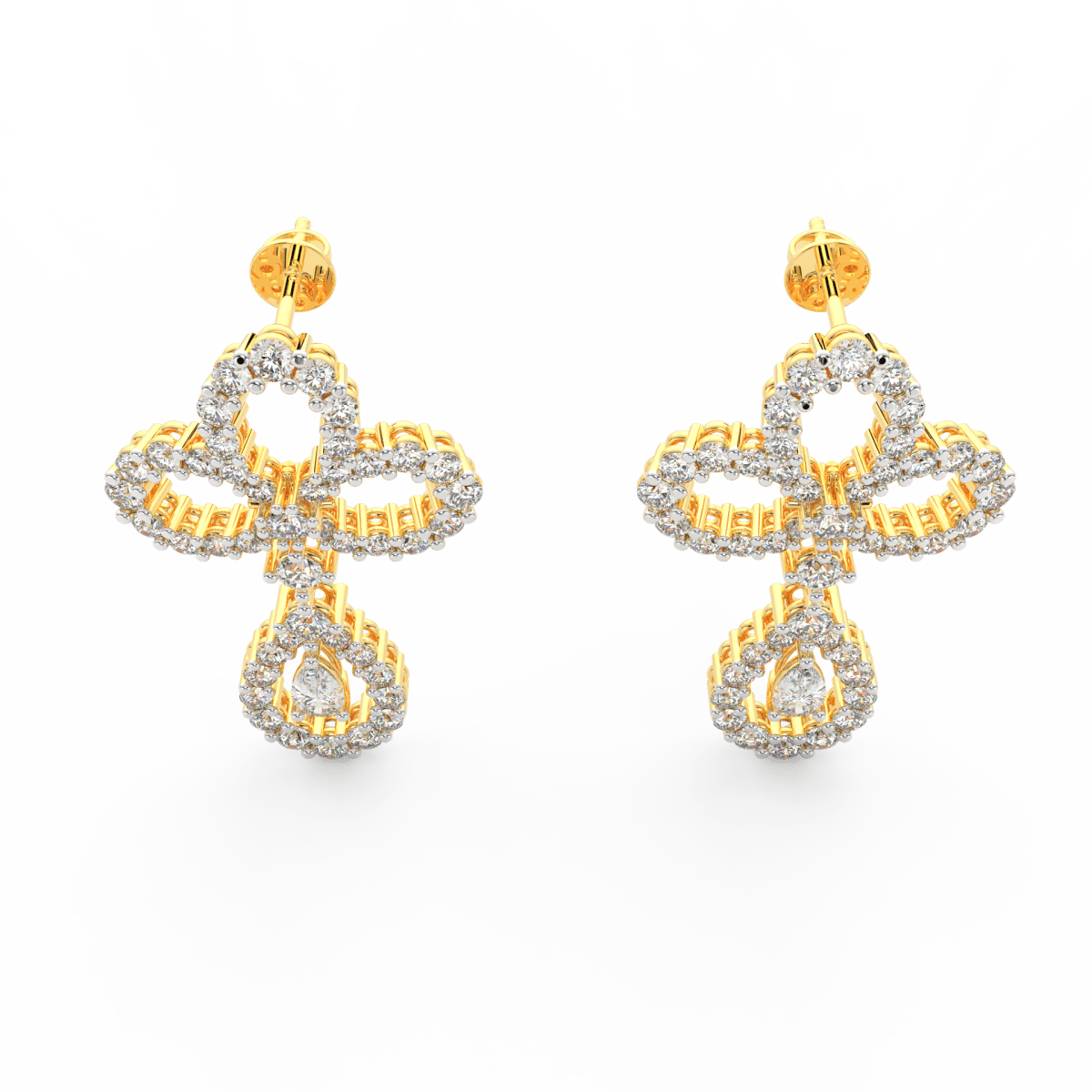 Top view of yellow gold Seraphina earrings highlighting pear solitaire lab grown diamonds in elegant drop silhouette.
