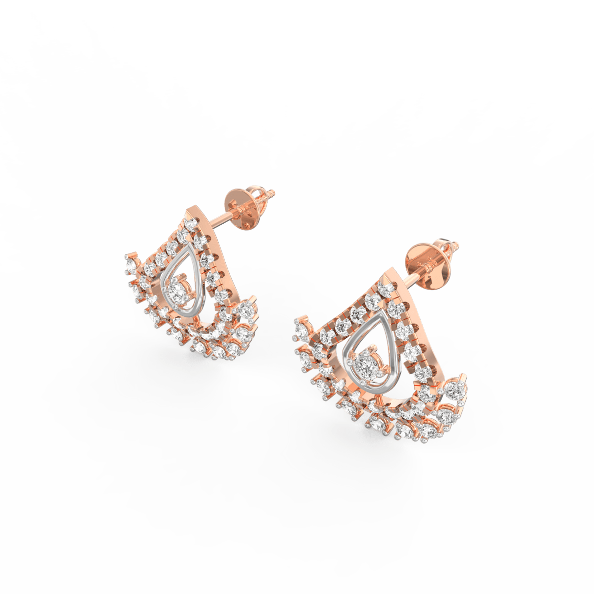 Angled view of rose gold diamond drop earrings featuring graceful silhouette and subtle sparkle.
