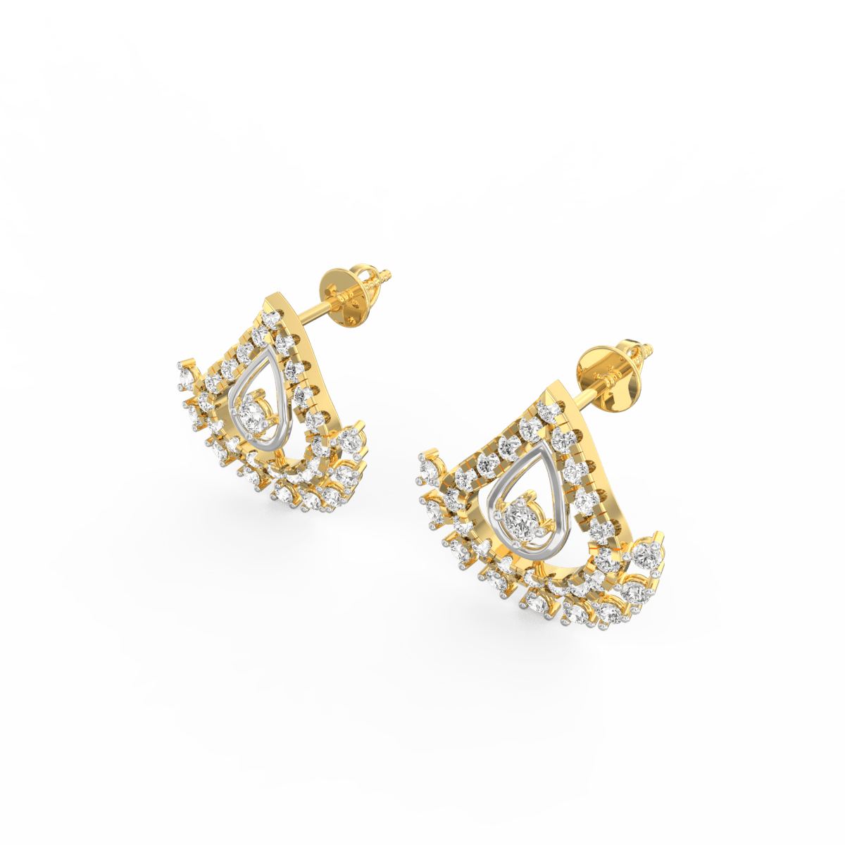 Angled close-up of yellow gold drop earrings showcasing aligned lab grown diamonds and polished finish.

