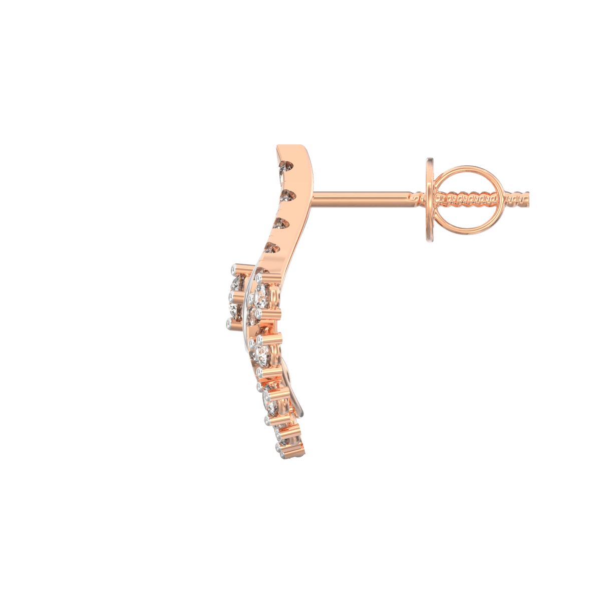 Side profile of rose gold drop earrings with secure hook clasp and delicate shimmer.
