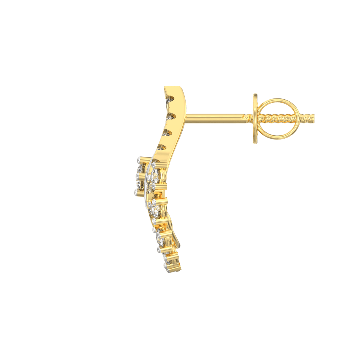 Side profile of yellow gold diamond drop earrings with hook-style clasp and fluid shimmering silhouette.
