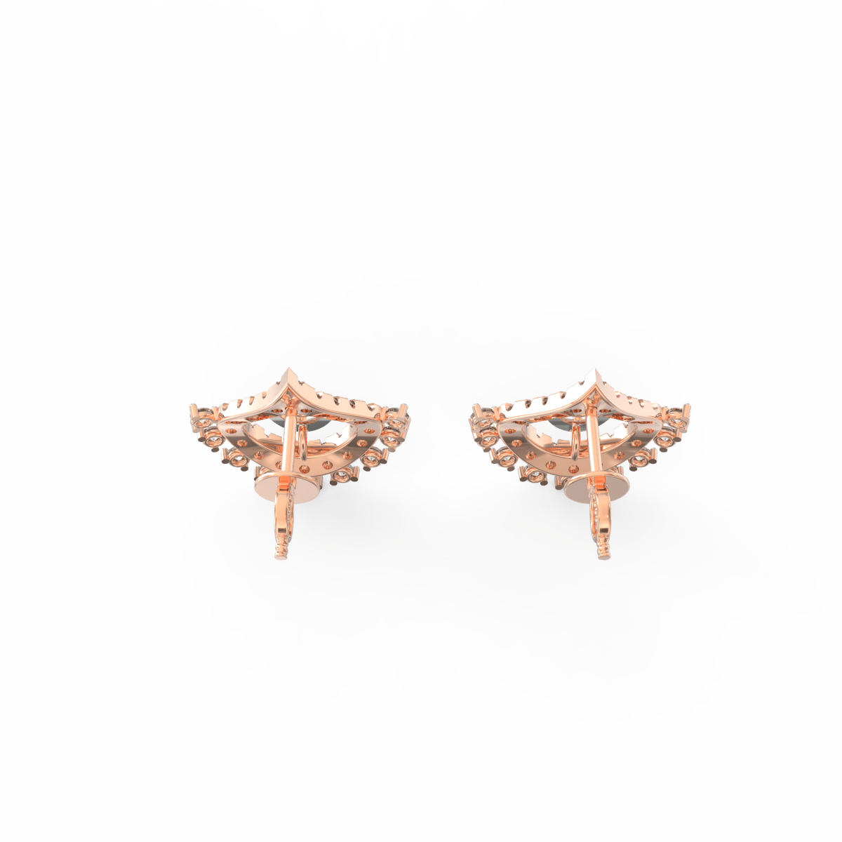 Top view of rose gold linear earrings showcasing polished finish and perfectly arranged lab grown diamonds.
