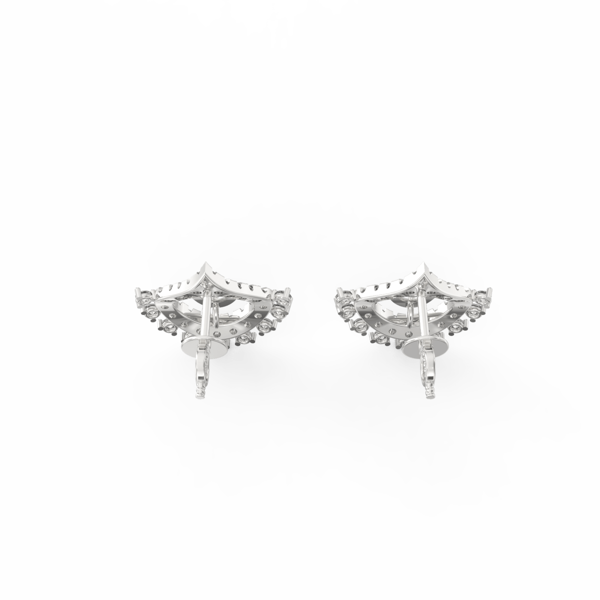 Top view of white gold earrings highlighting precise diamond alignment and polished linear silhouette.
