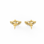 Top view of yellow gold drop earrings highlighting the linear arrangement of brilliant lab grown diamonds.
