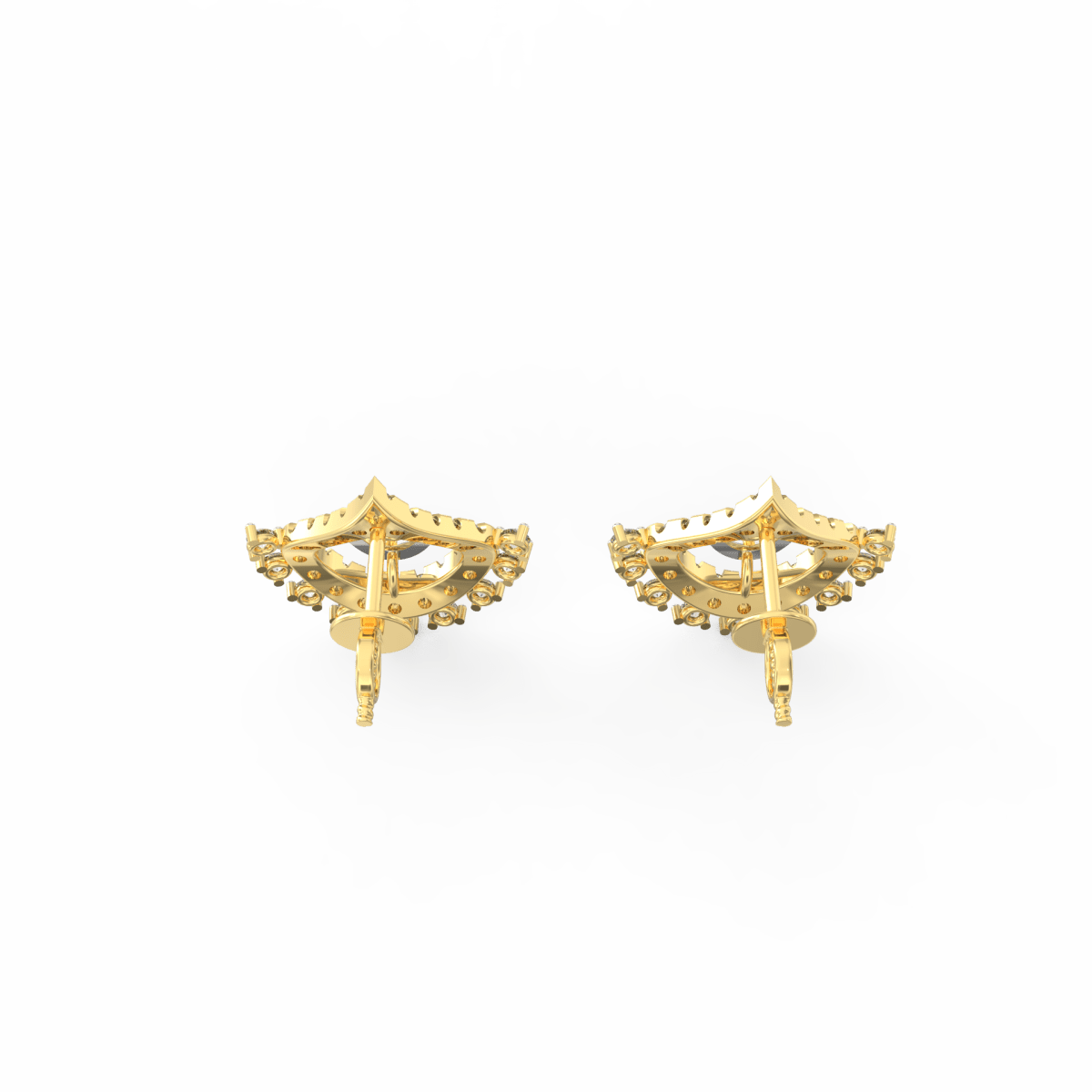 Top view of yellow gold drop earrings highlighting the linear arrangement of brilliant lab grown diamonds.
