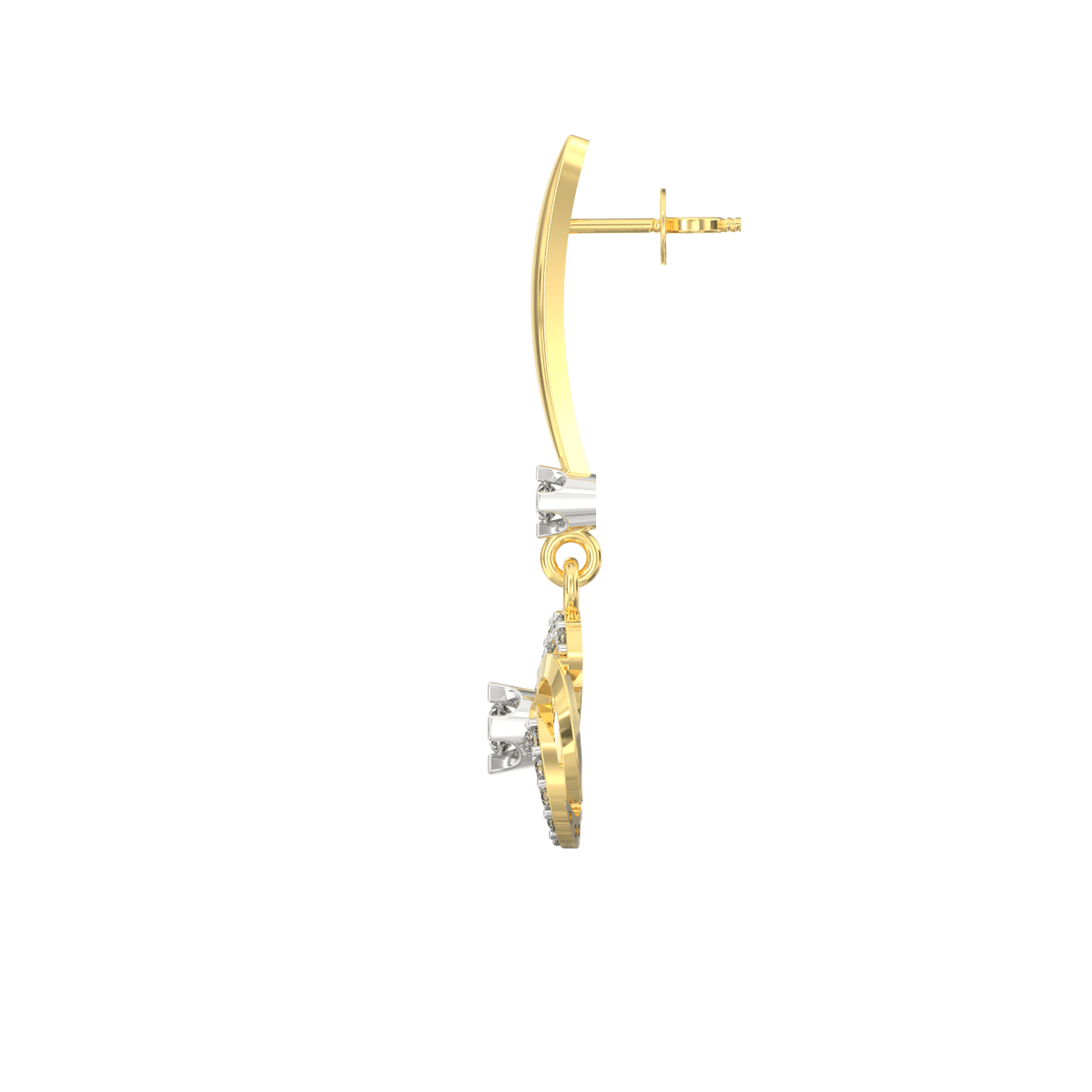 Side profile of yellow gold diamond studs with secure push-back clasp and lightweight comfort.
