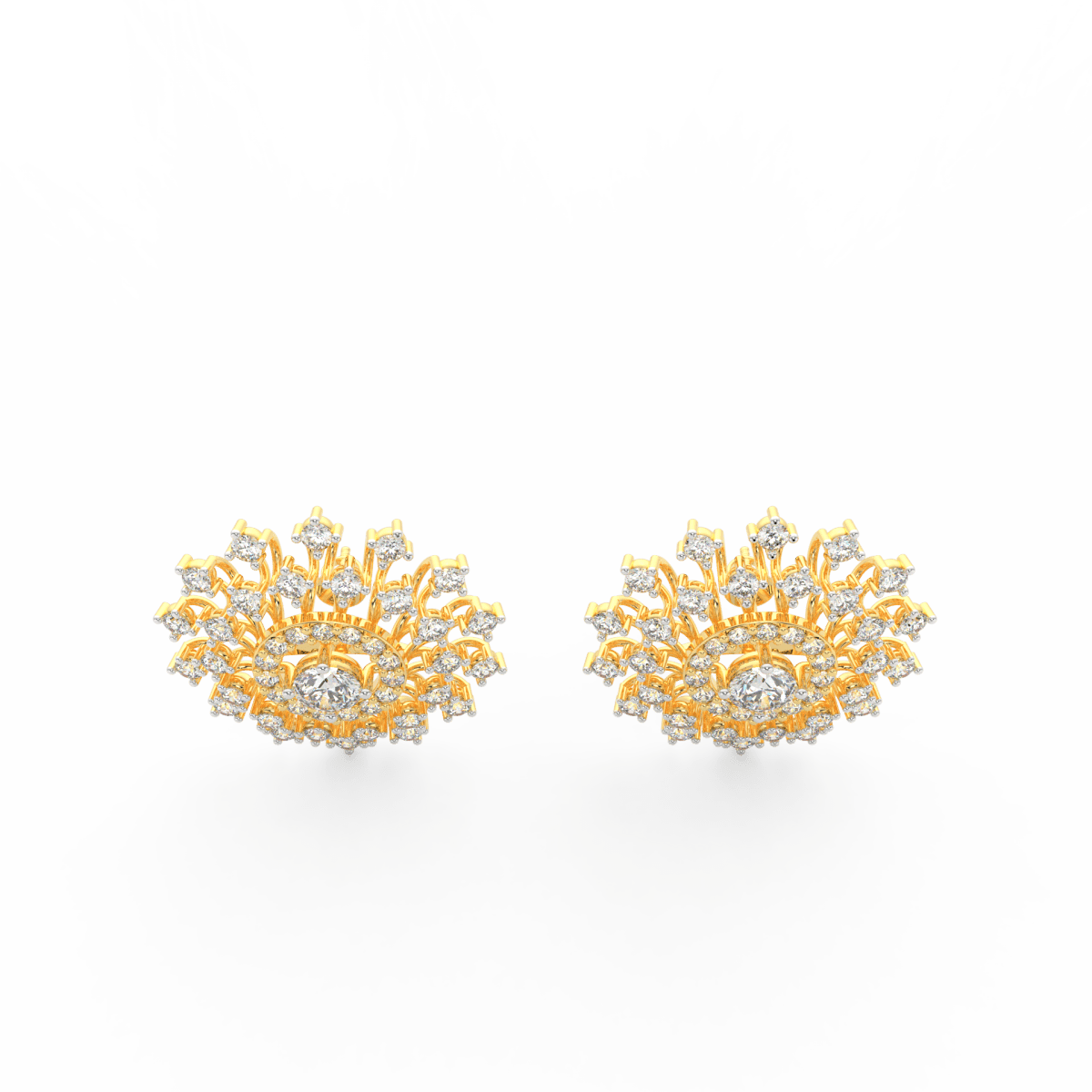 Top view of yellow gold round solitaire earrings highlighting centered lab grown diamonds and polished setting.
