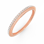 Angled look at rose gold bangle with neatly aligned lab diamonds.