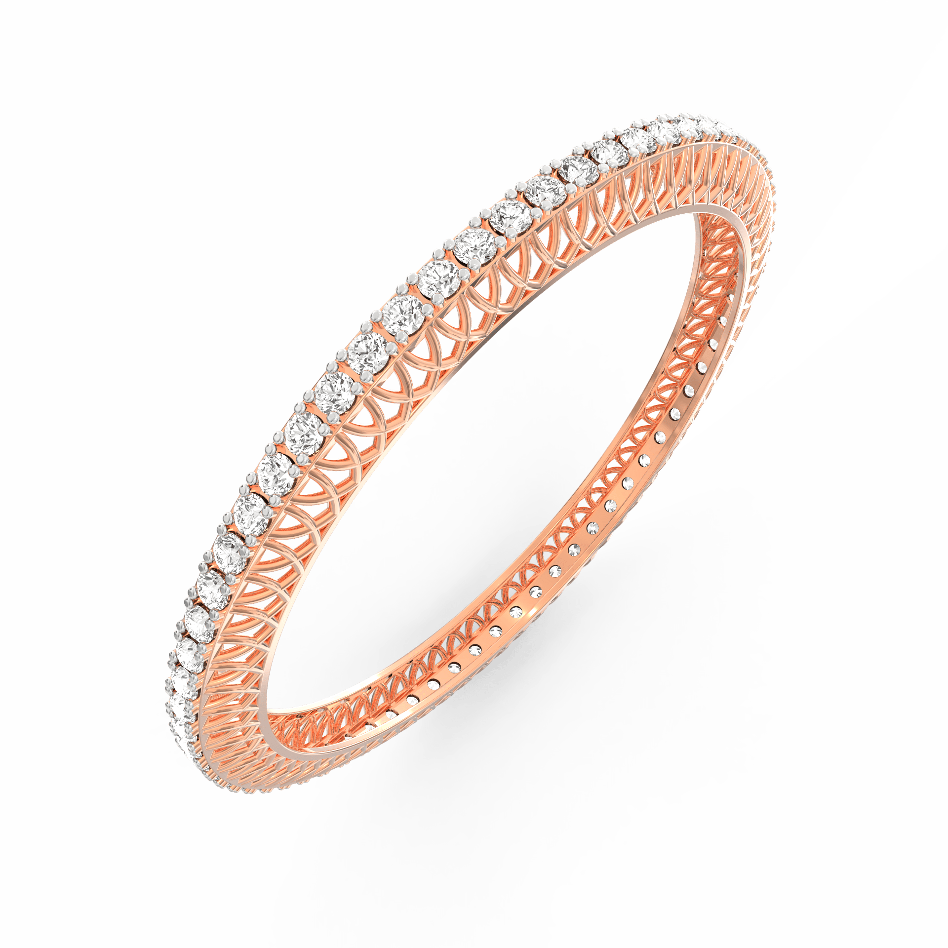 Angled look at rose gold bangle with neatly aligned lab diamonds.