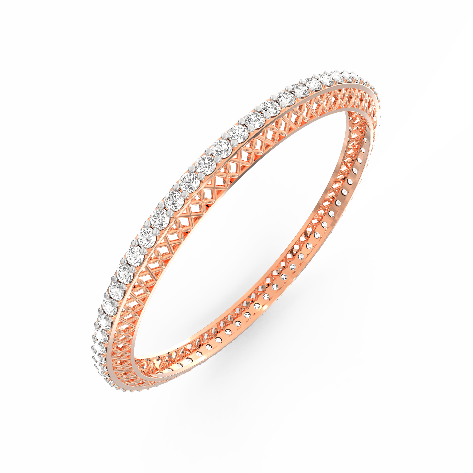 Angled perspective of the Celestial Charm bangle in rose gold, emphasizing the row of lab-grown diamonds.

