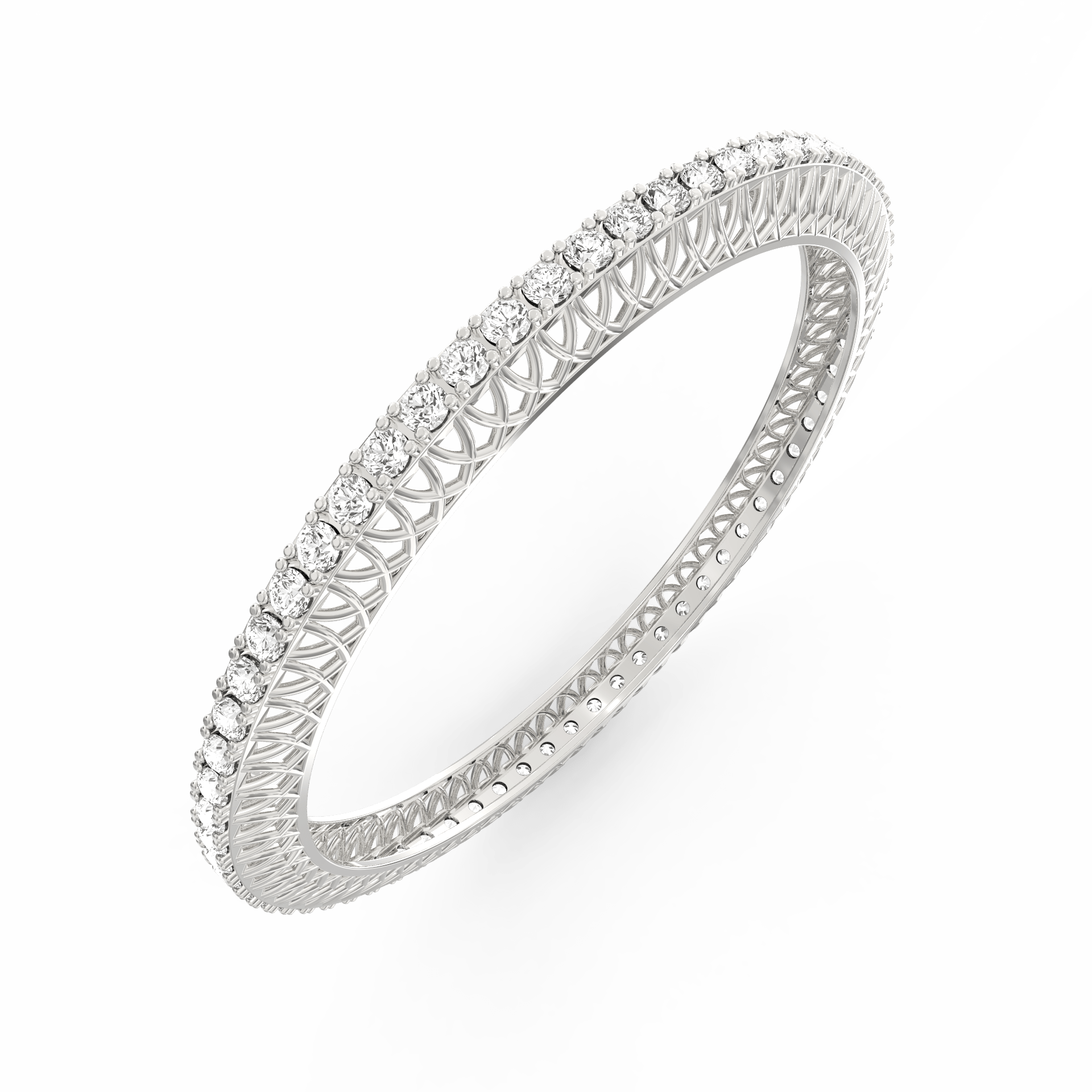 Glimpse of diamond-studded white gold bangle from an angled view.