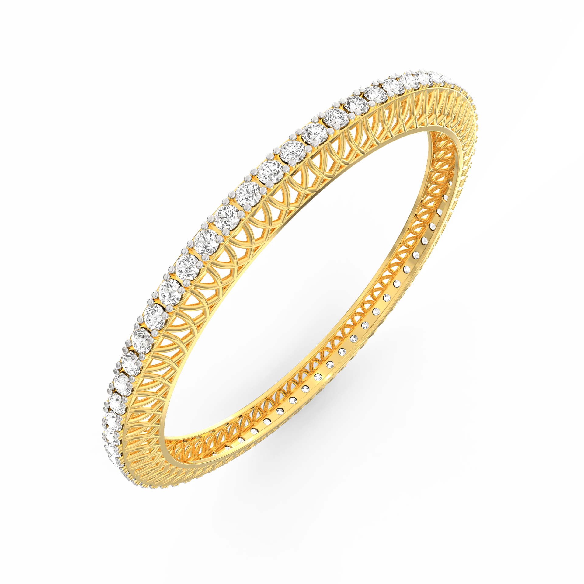 Angled image showing sparkling diamonds on yellow gold bangle.
