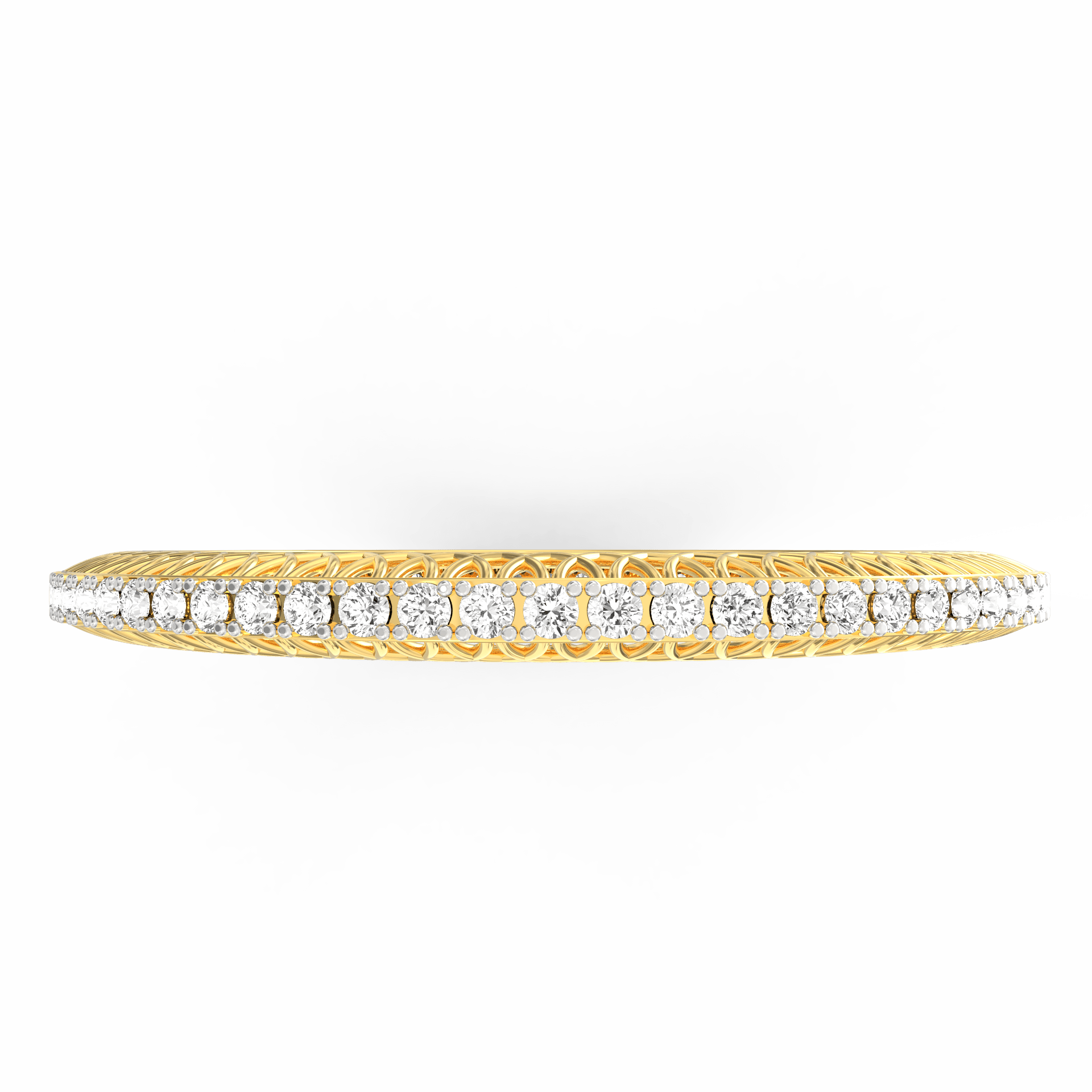 Top view highlighting precise diamond placement on yellow gold.

