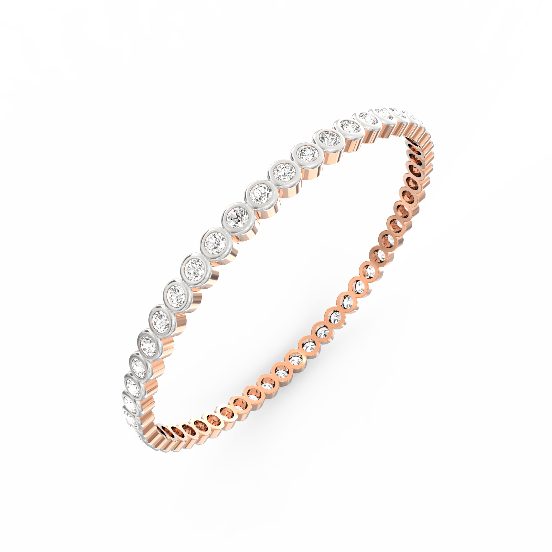 Angled shot of the bangle showing 50 sparkling diamonds in rose gold.
