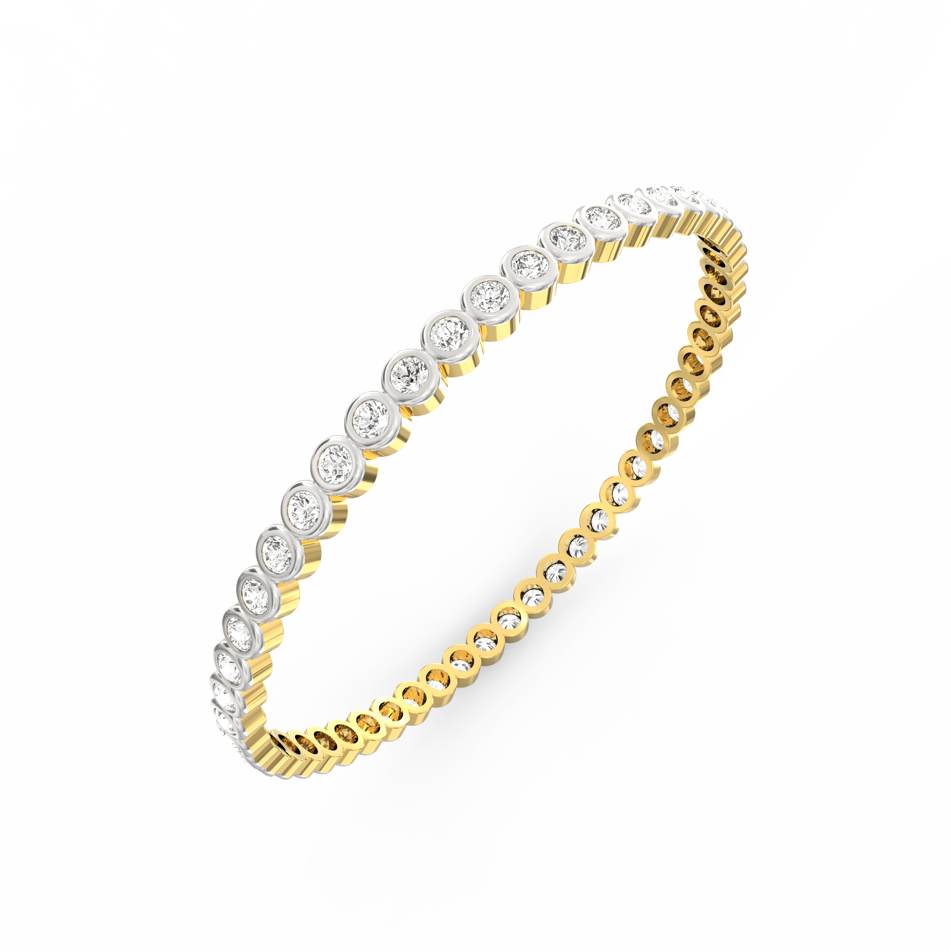 Angled image capturing shimmer of diamonds on yellow gold.
