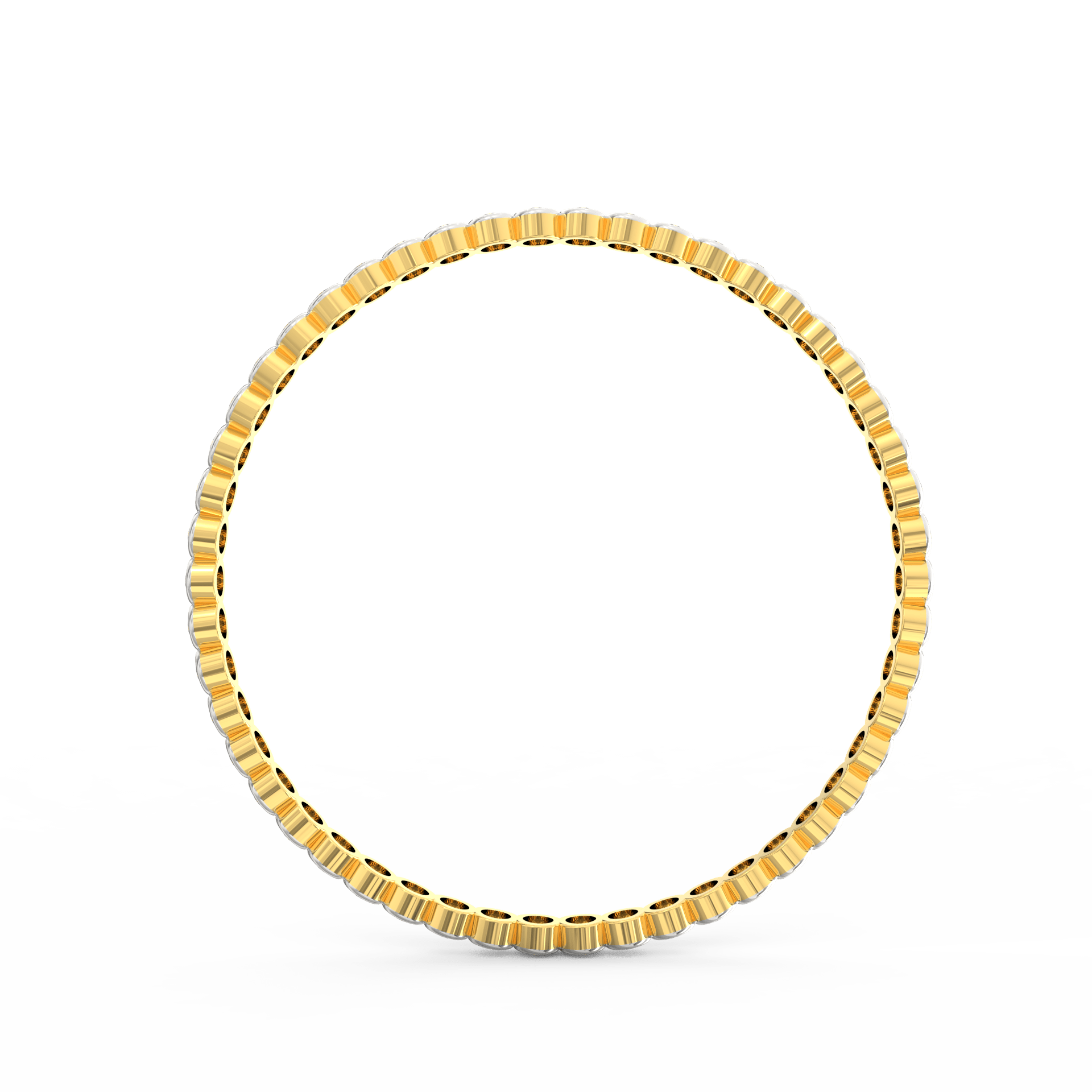 Sleek yellow gold band with a close-up of diamond details.

