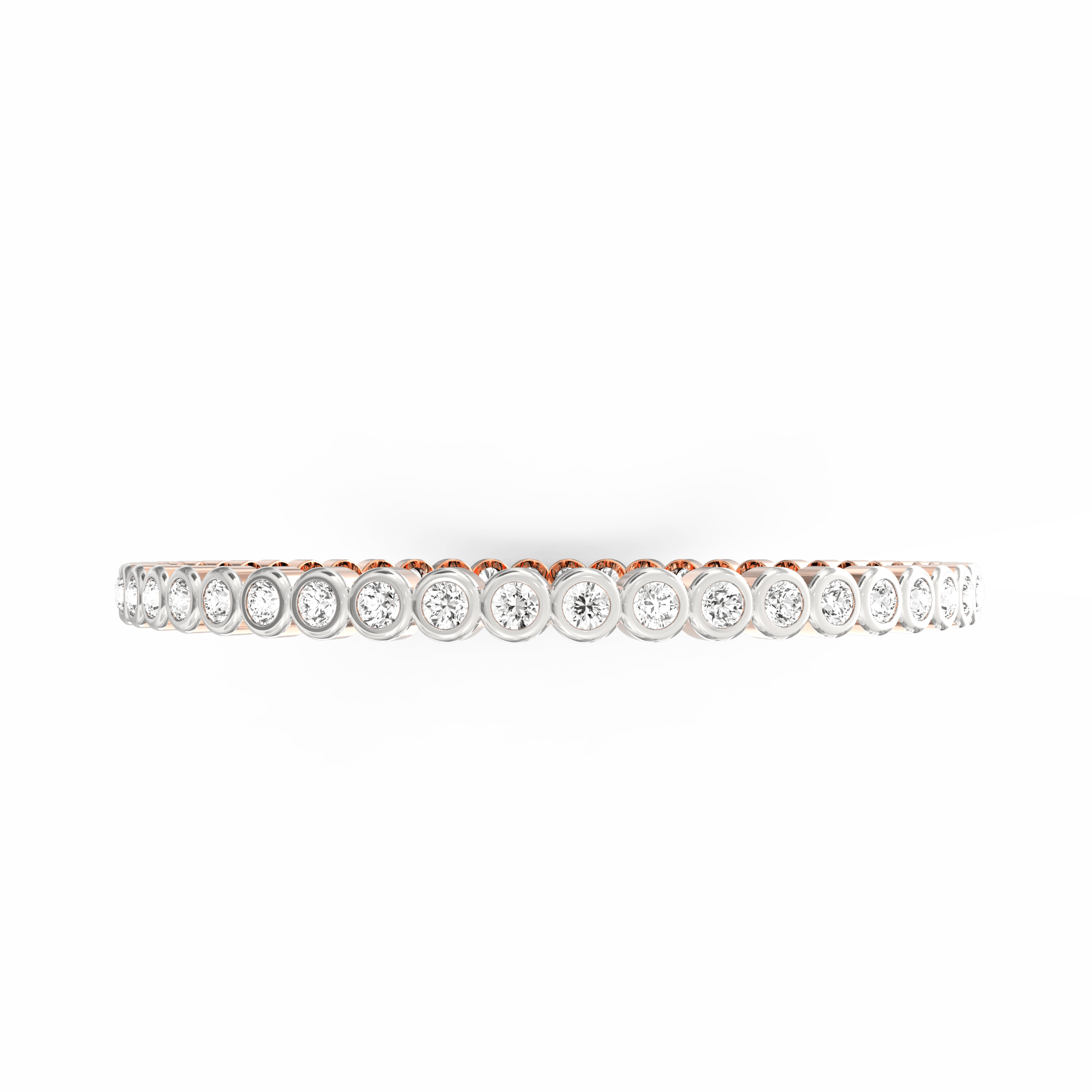 Overhead view of the diamond-studded bangle in rose gold finish.

