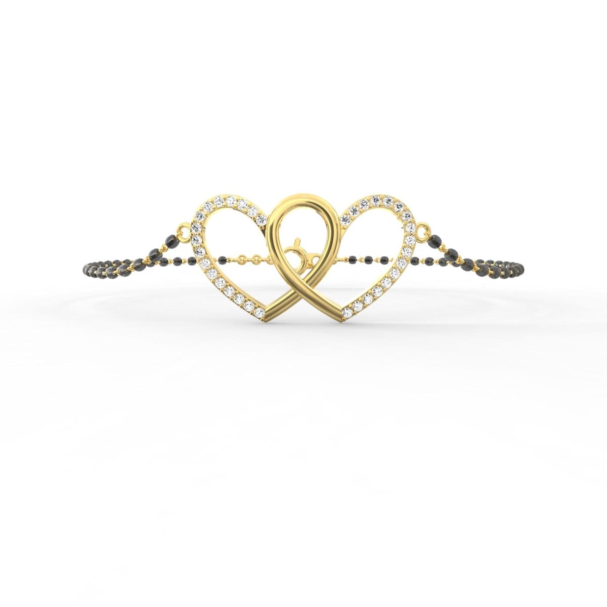 Close-up of the sustainable diamond accents on this yellow gold bangle, top perspective.
