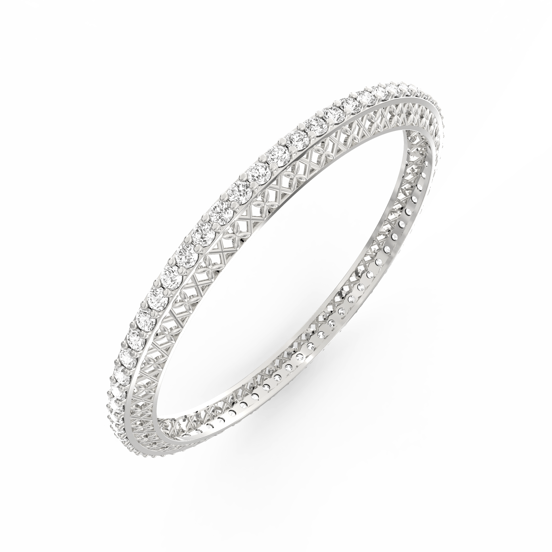 Angled perspective of the Radiant Allure bangle in white gold, emphasizing the row of lab-grown diamonds.