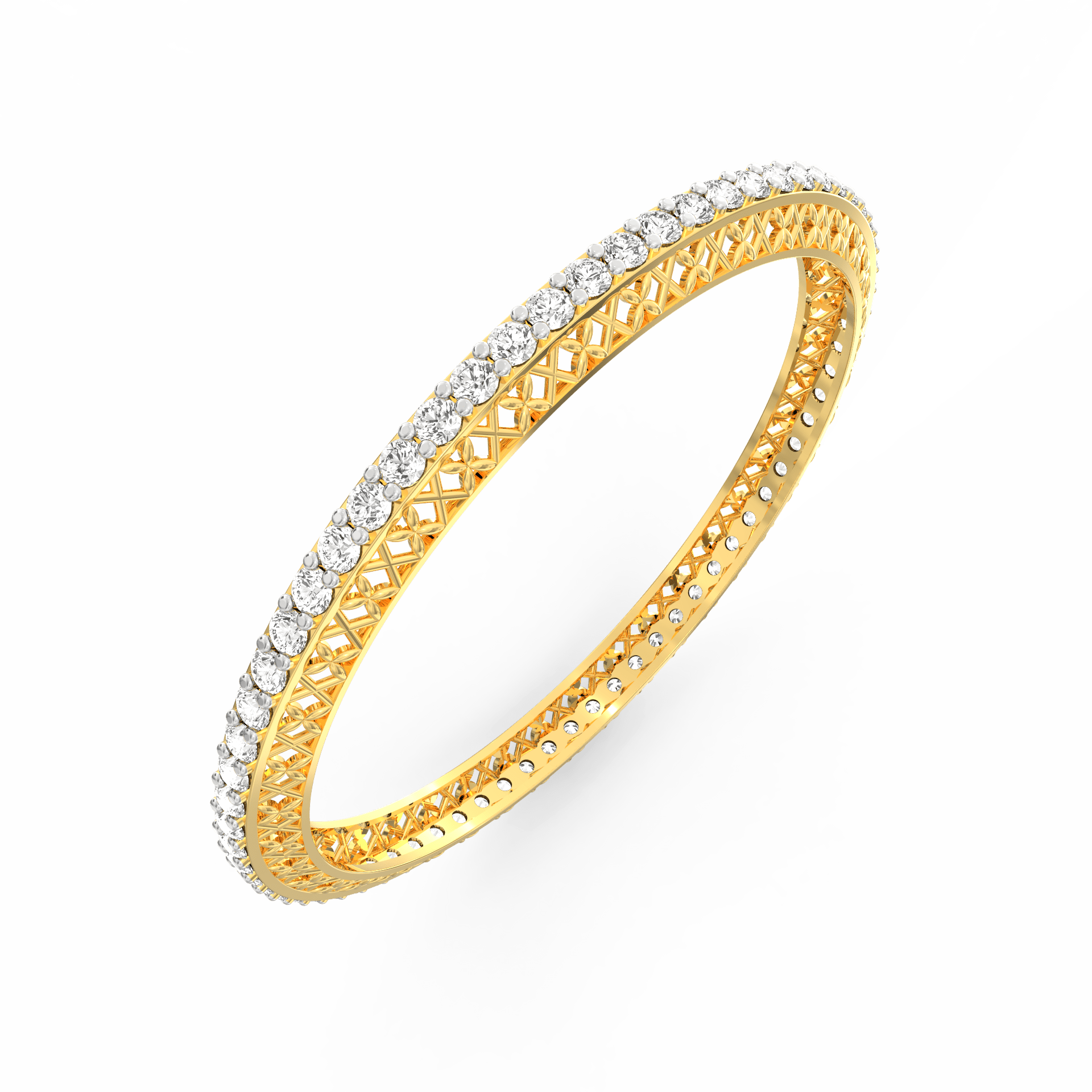 Angled perspective of the Radiant Allure bangle in yellow gold, emphasizing the row of lab-grown diamonds.