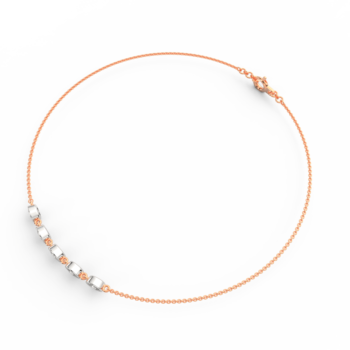 Back clasp view of the chain bracelet in rose gold with a polished, secure finish.
