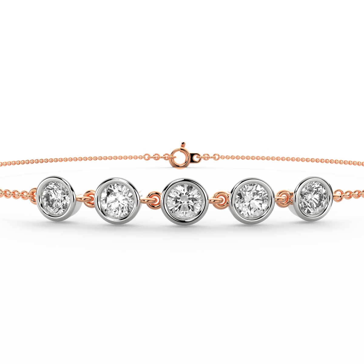 Top view capturing elegant chain links and subtle sparkle in rose gold.

