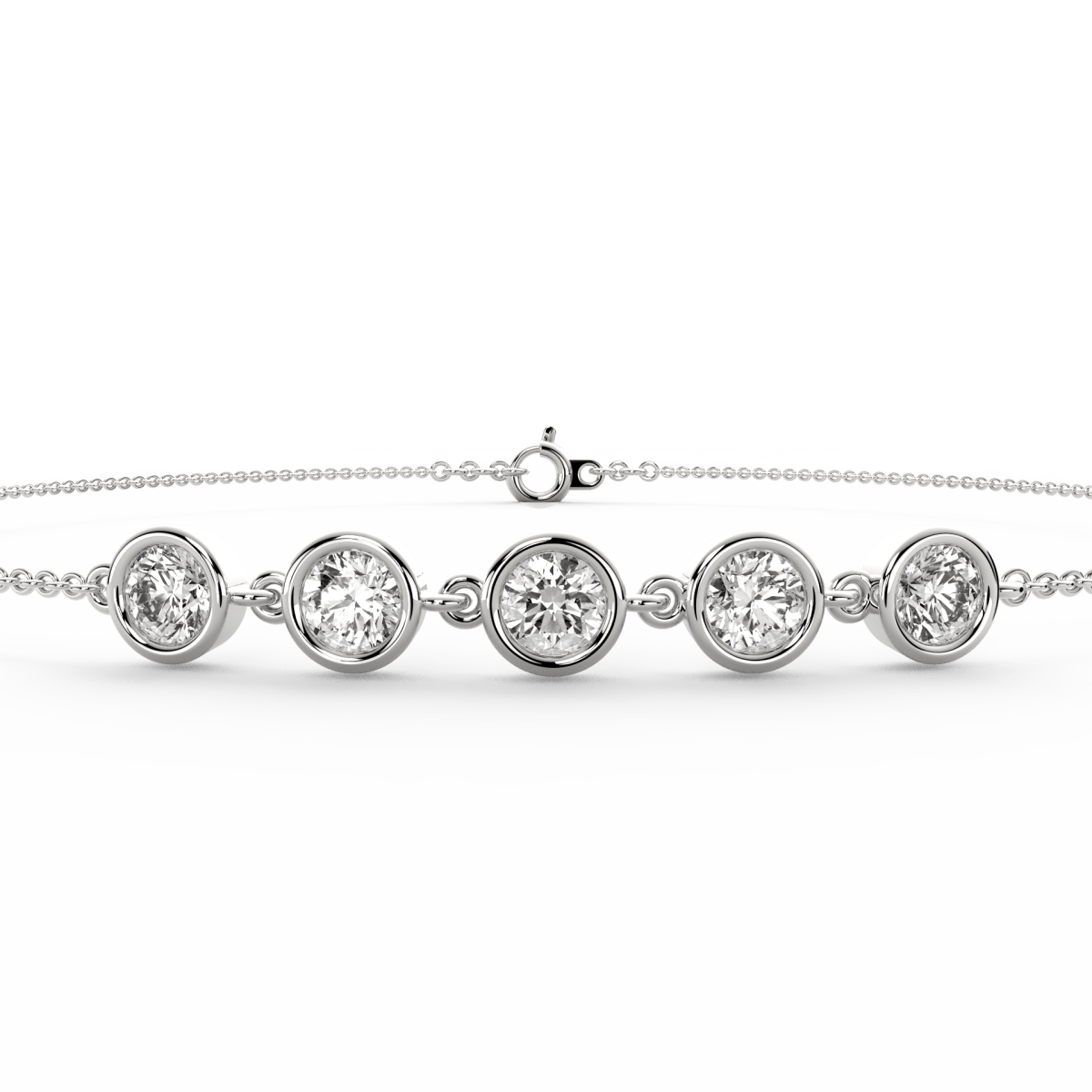 Top view of the bracelet's chain and diamonds in a smooth white gold finish.


